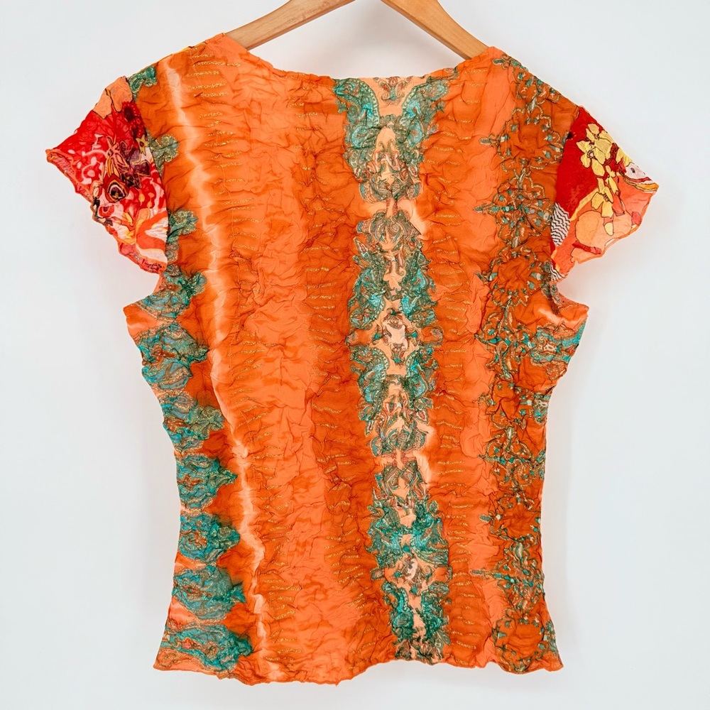 Alberto Makali Y2K Silk Look Orange Floral Crinkle Mesh Top Blouse Large L Boho - Picture 3 of 15